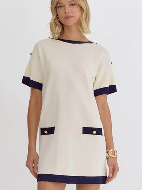 Cream & Navy Short Sleeve dress with Gold Button Detail